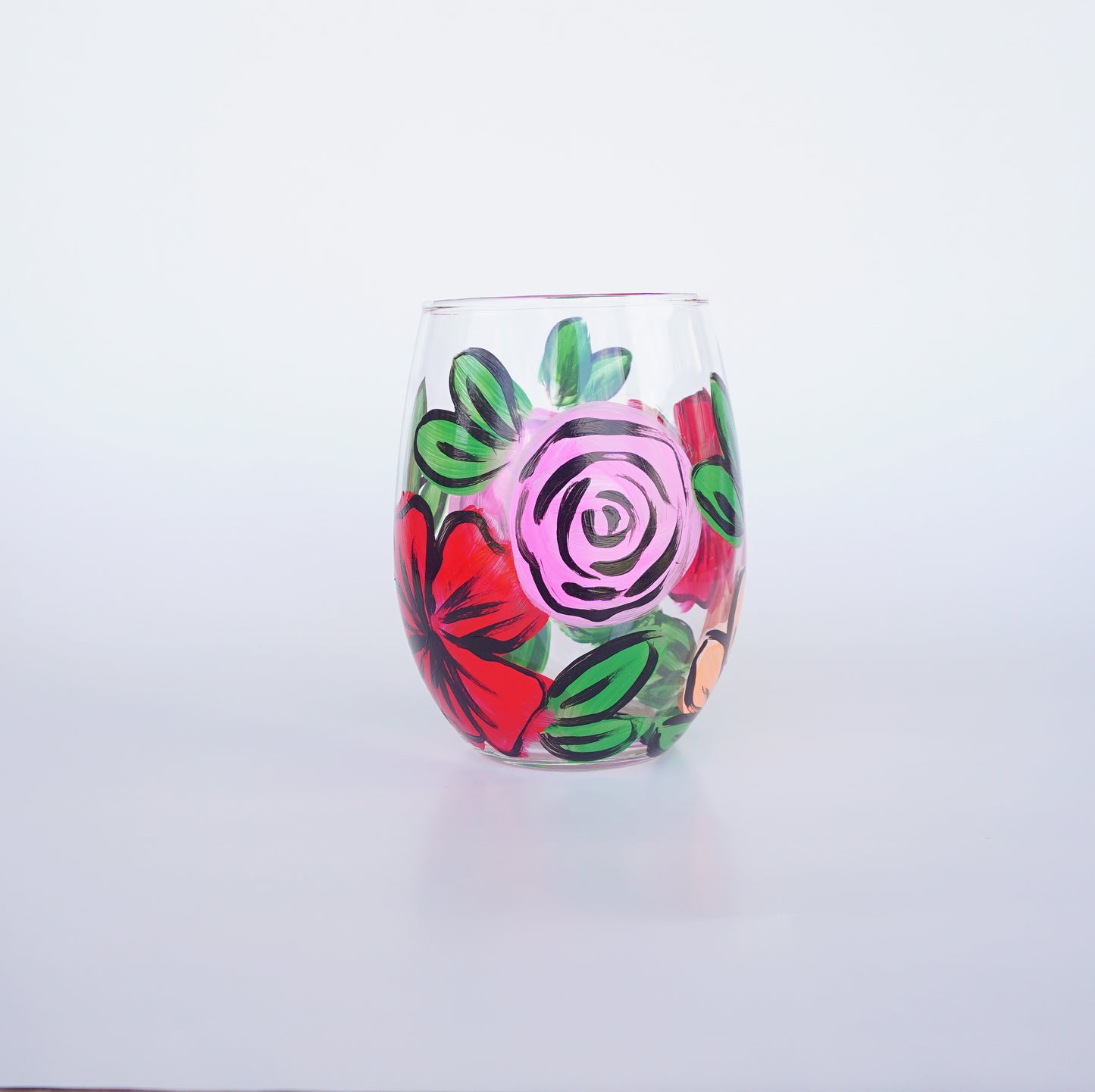 Hand Painted Stemless Wine Glass - "Desi's Bouquet"