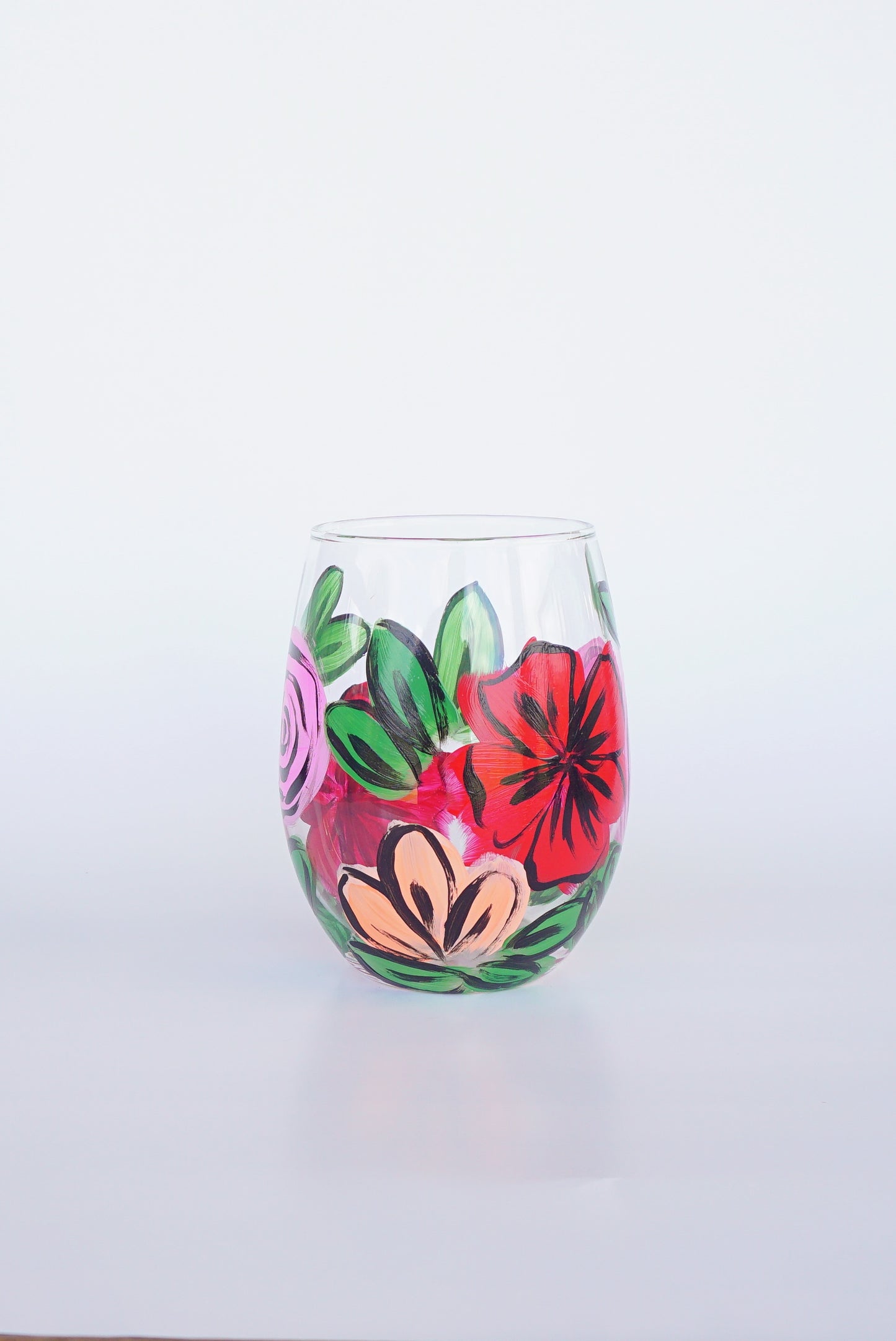 Hand Painted Stemless Wine Glass - "Desi's Bouquet"
