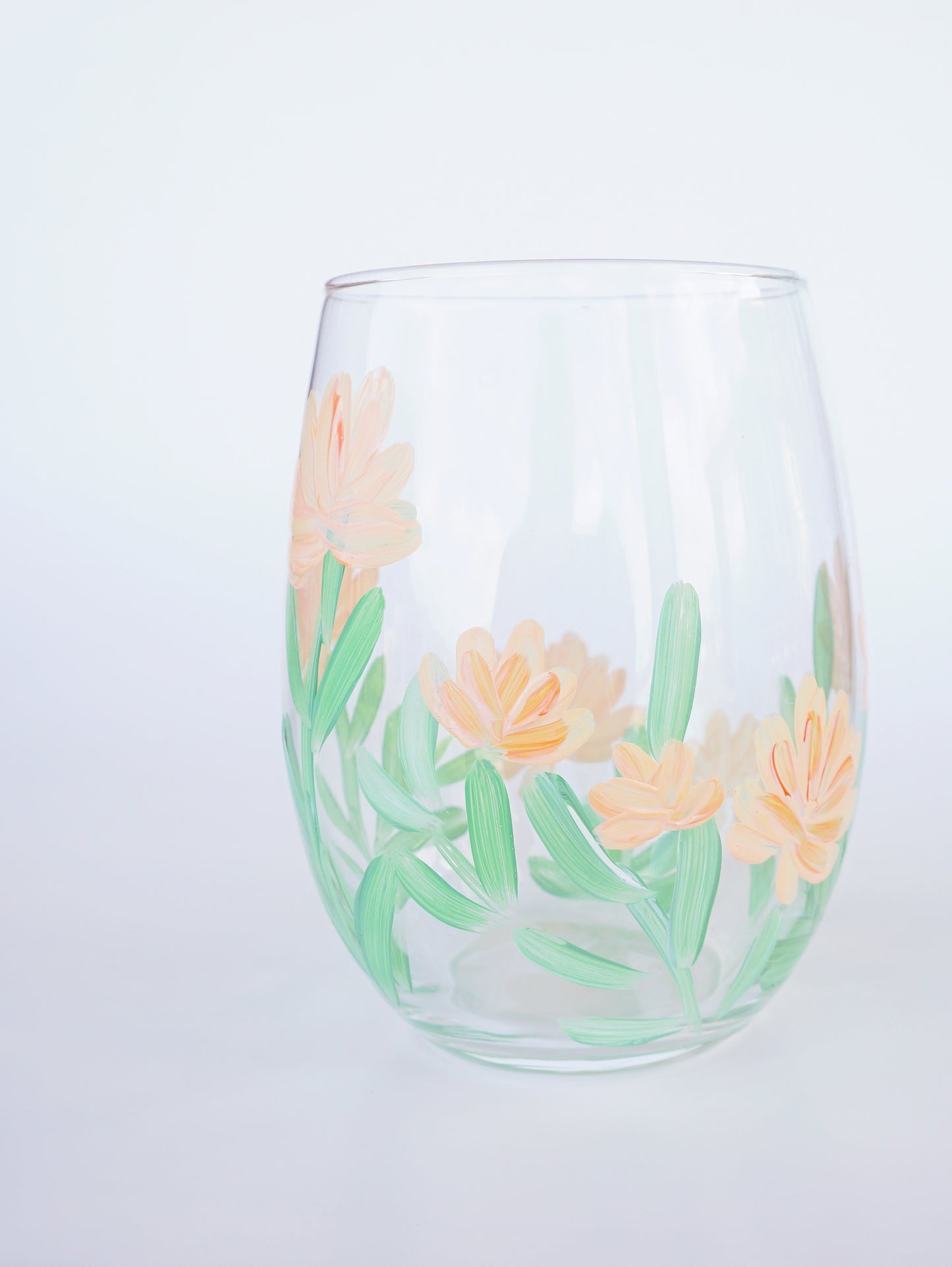 Hand Painted Stemless Wine Glass - Peach Small Flowers