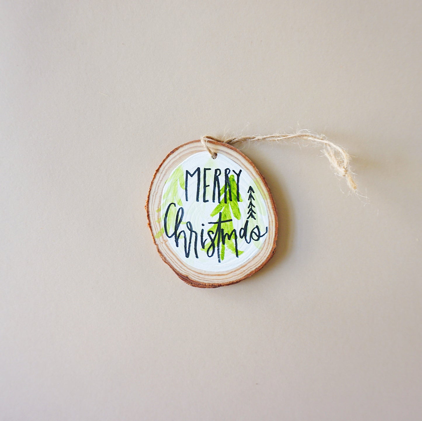 Merry Christmas - Green Trees - Round Wood Christmas Ornament