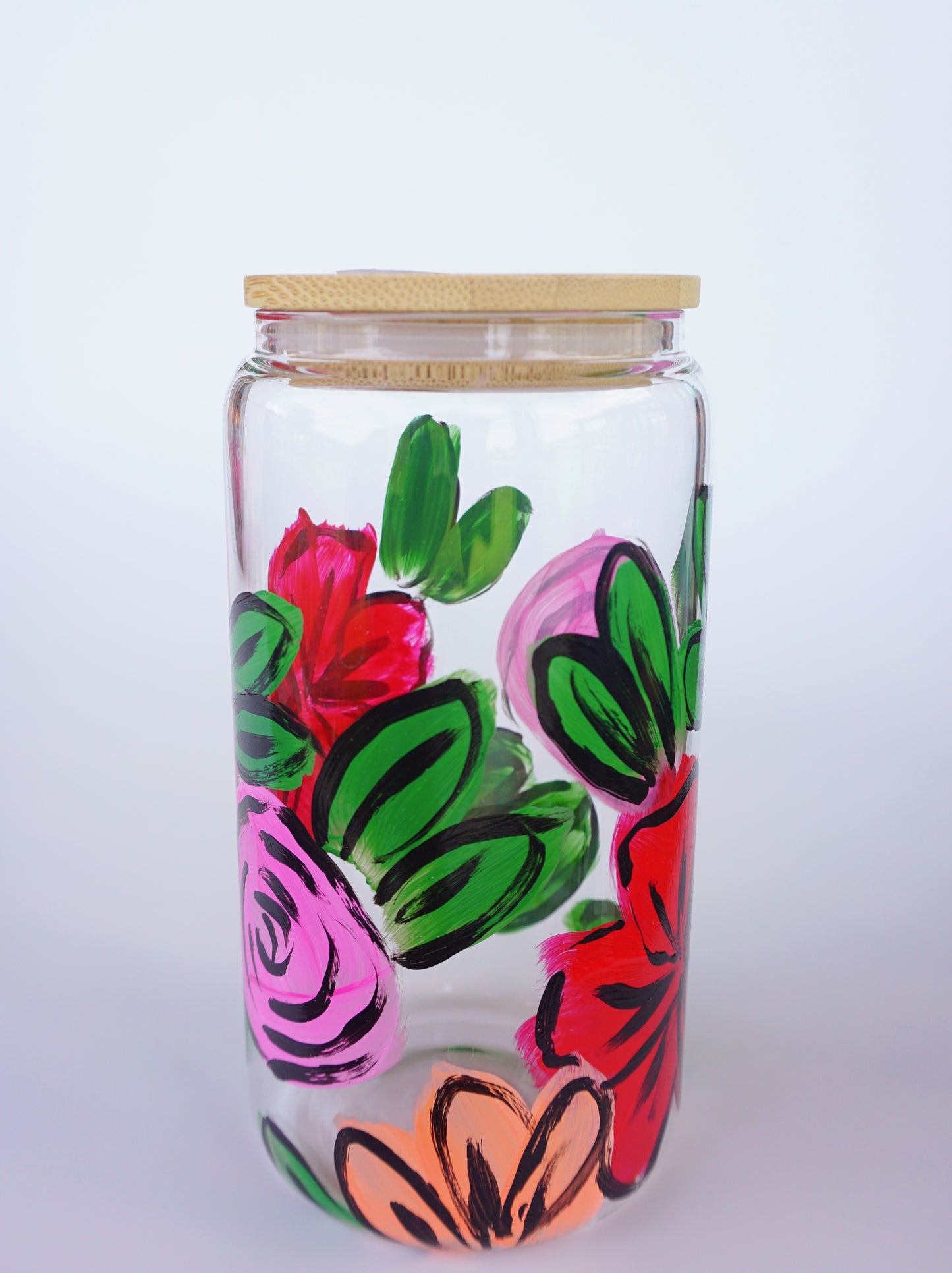 Hand Painted Glass Cup with Bamboo Lid and Glass Straw - "Desi's Bouquet"