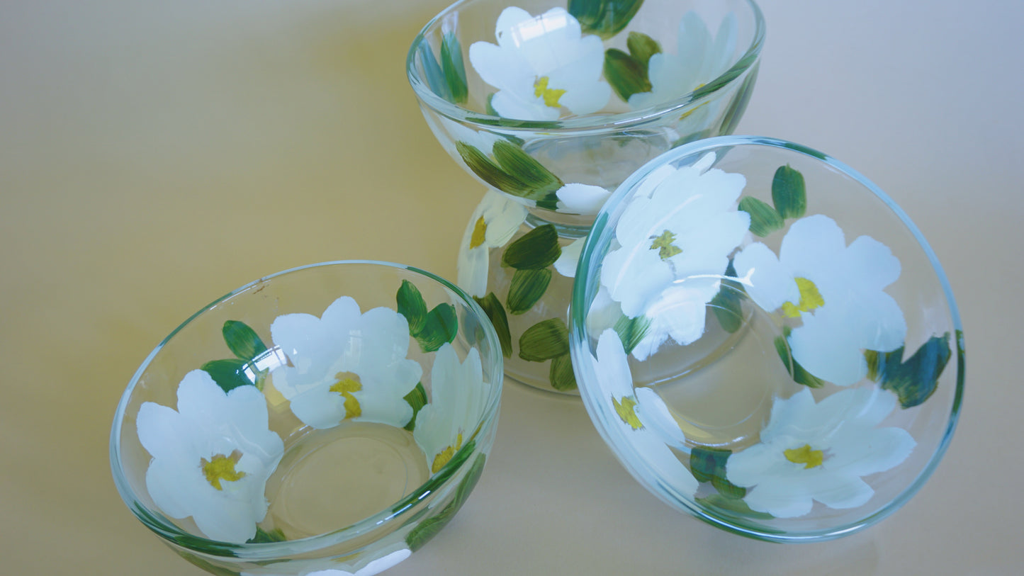 Hand Painted Glass Bowl Set - White Flowers