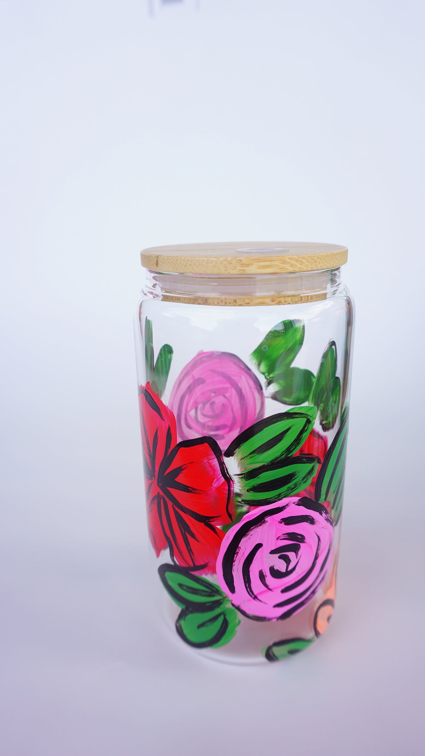 Hand Painted Glass Cup with Bamboo Lid and Glass Straw - "Desi's Bouquet"