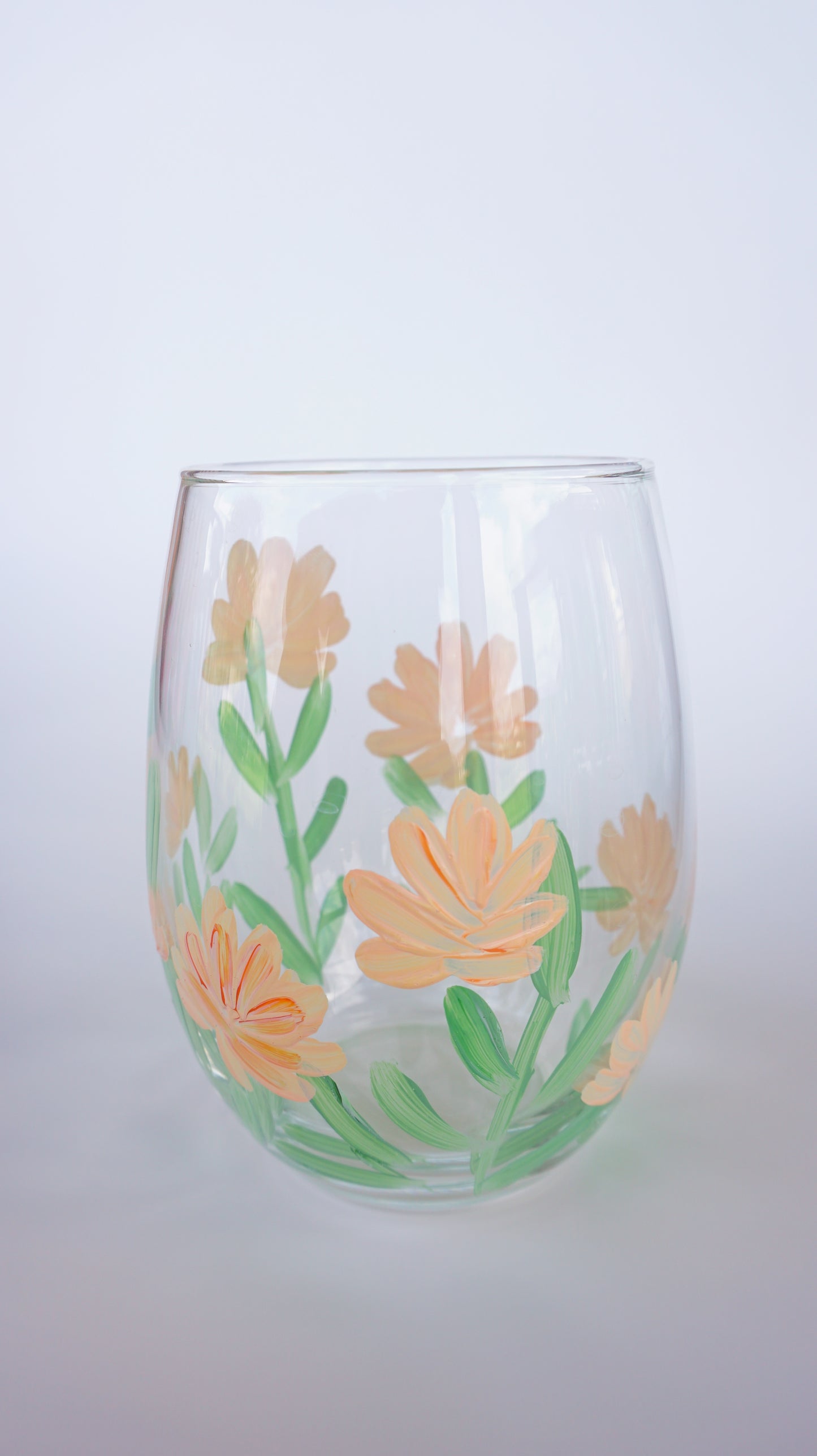 Hand Painted Stemless Wine Glass - Peach Small Flowers