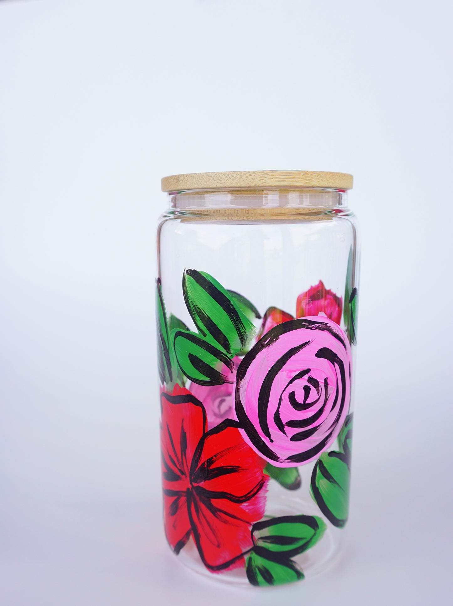 Hand Painted Glass Cup with Bamboo Lid and Glass Straw - "Desi's Bouquet"