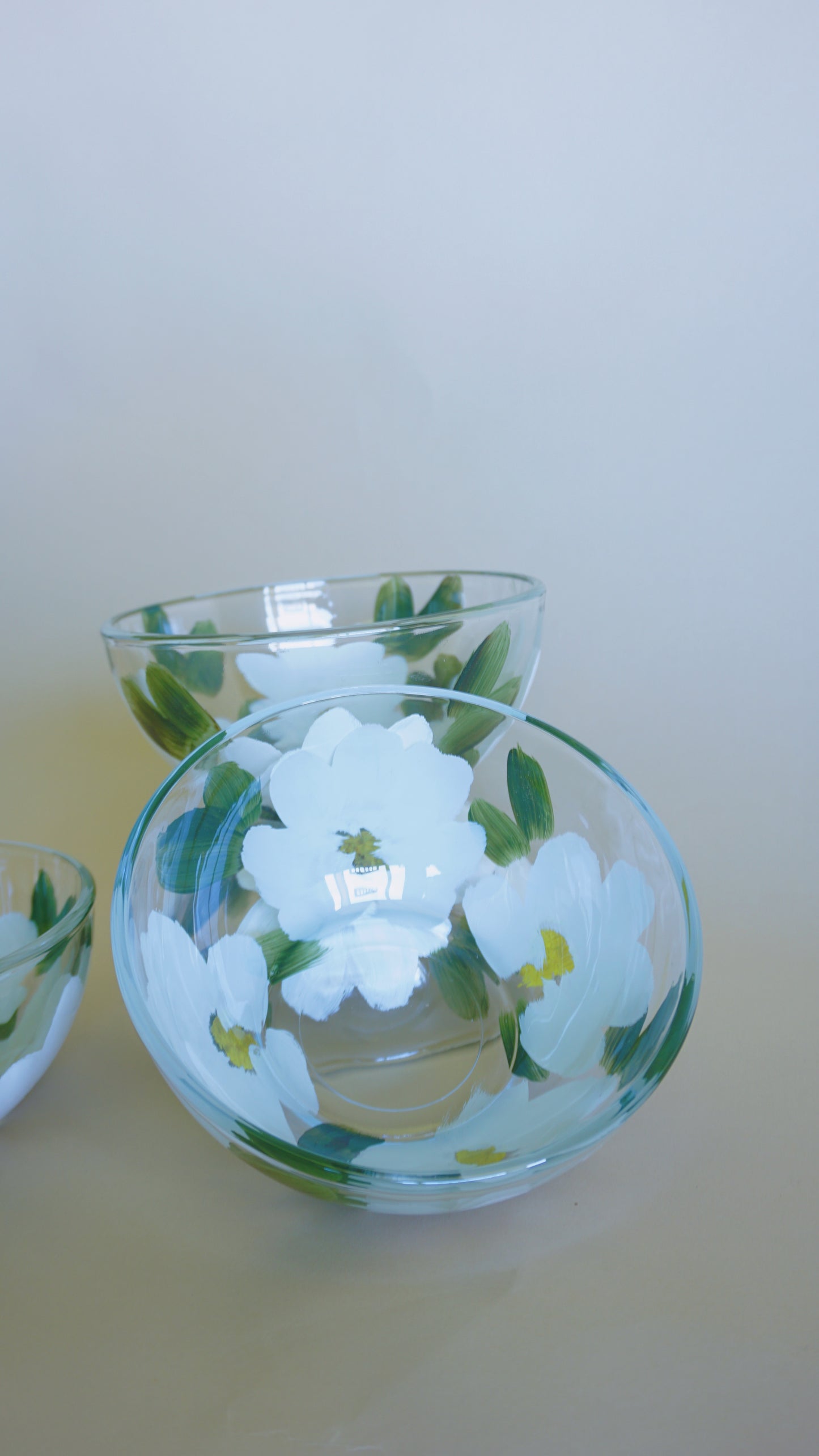 Hand Painted Glass Bowl Set - White Flowers