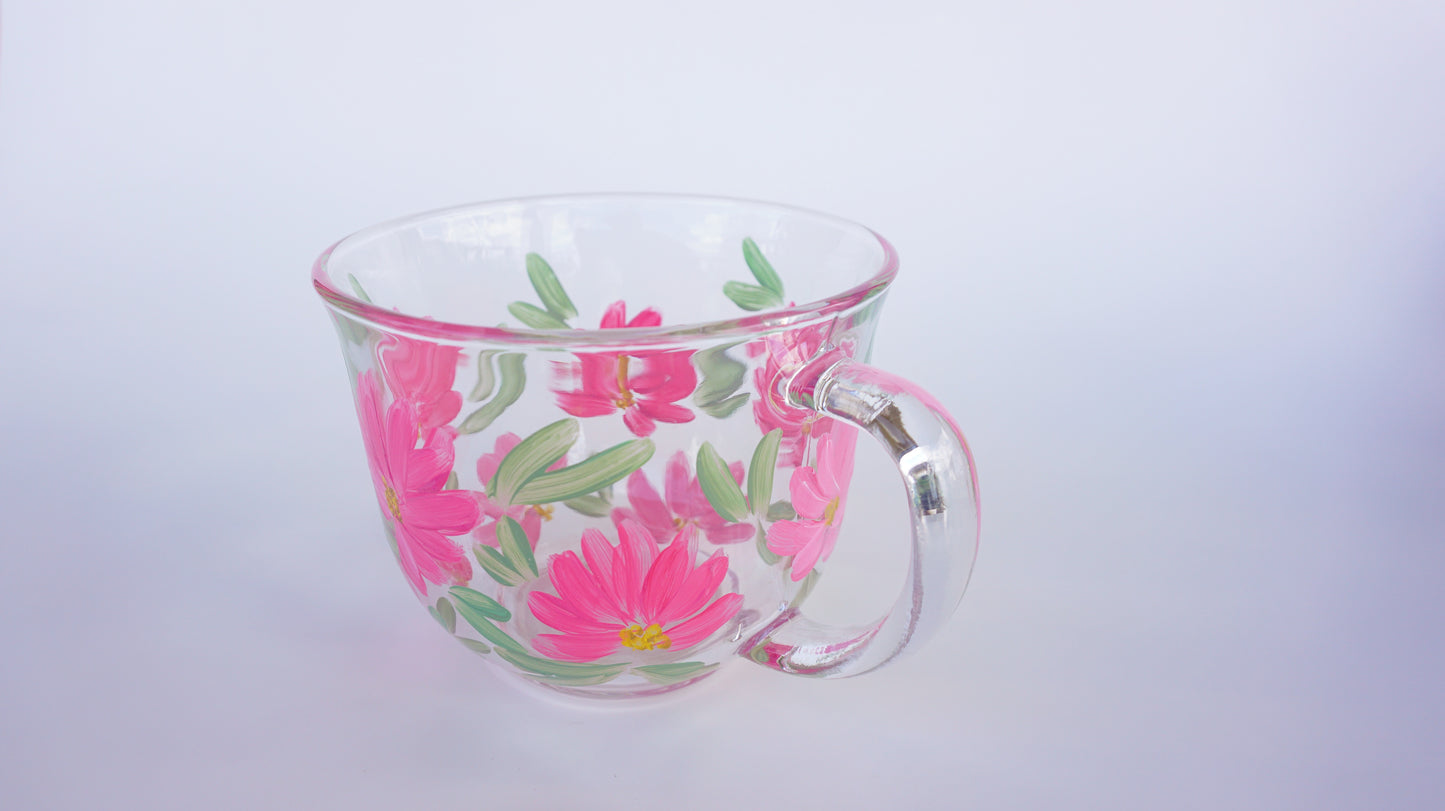 Hand Painted Glass Mug - Delicate Pink Flowers