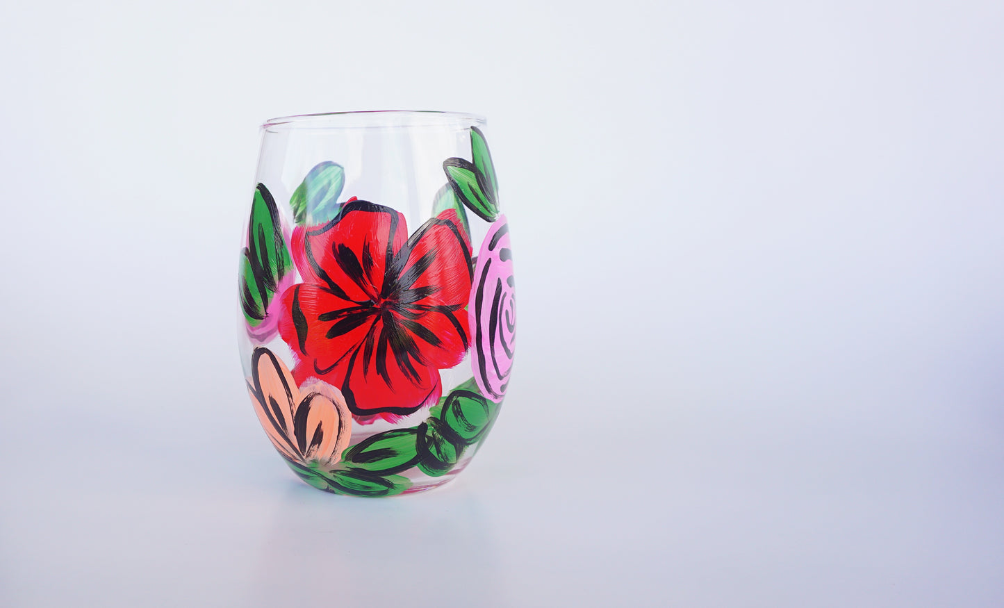 Hand Painted Stemless Wine Glass - "Desi's Bouquet"