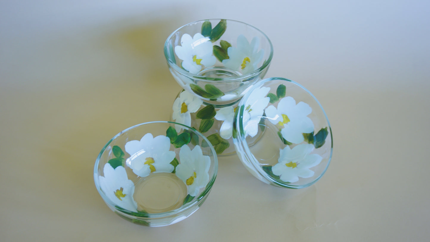 Hand Painted Glass Bowl Set - White Flowers