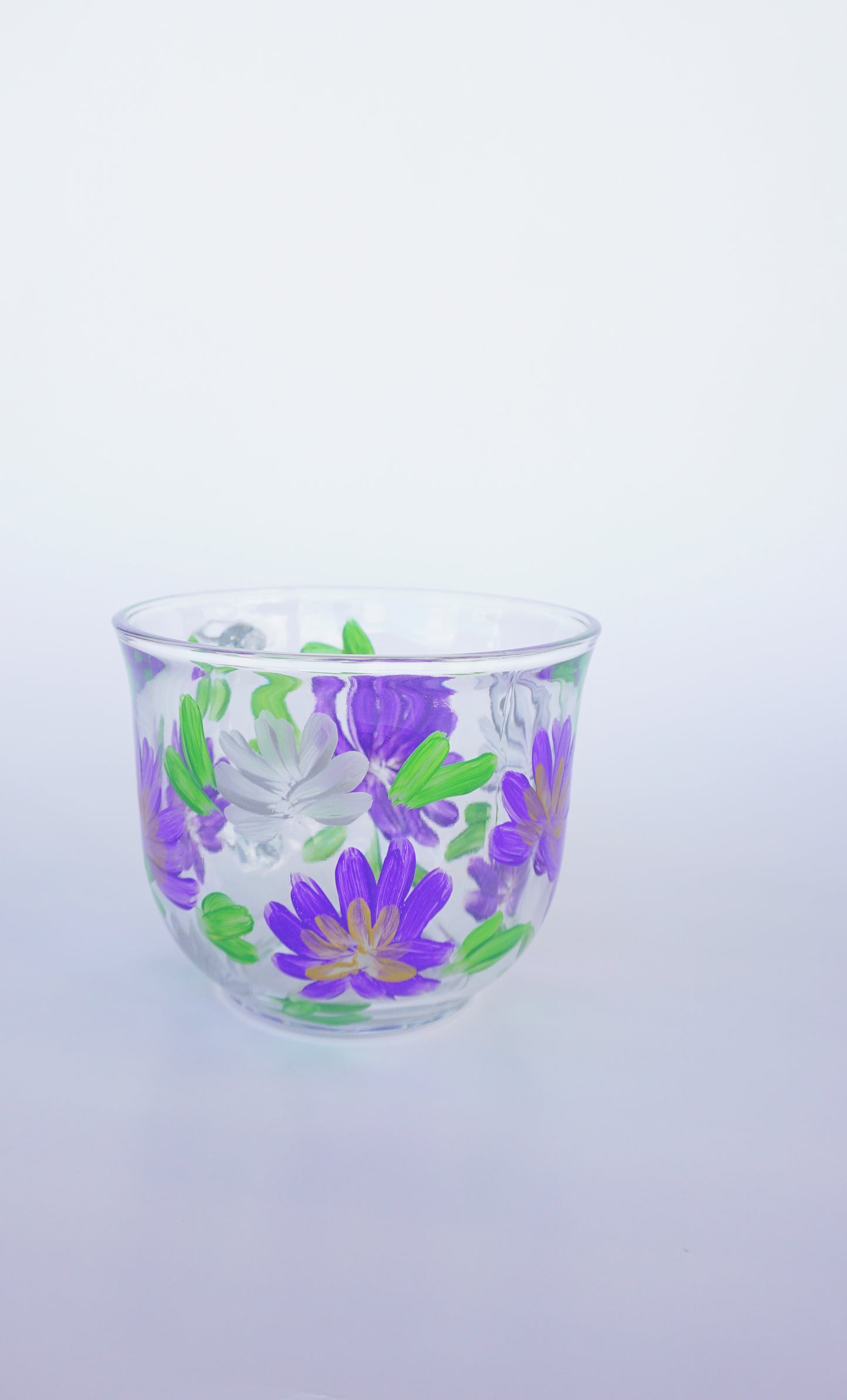 Hand Painted Glass Mug - Purple + Silver Flowers