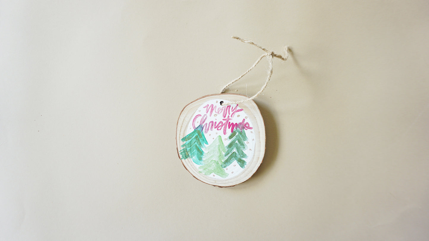 Merry Christmas Pink and Green Tress - Round Wood Christmas Ornament
