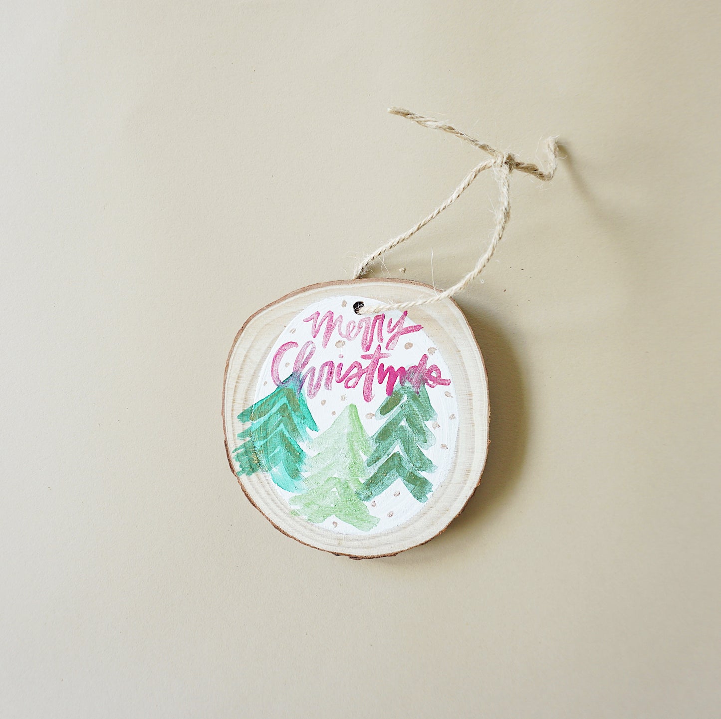 Merry Christmas Pink and Green Tress - Round Wood Christmas Ornament