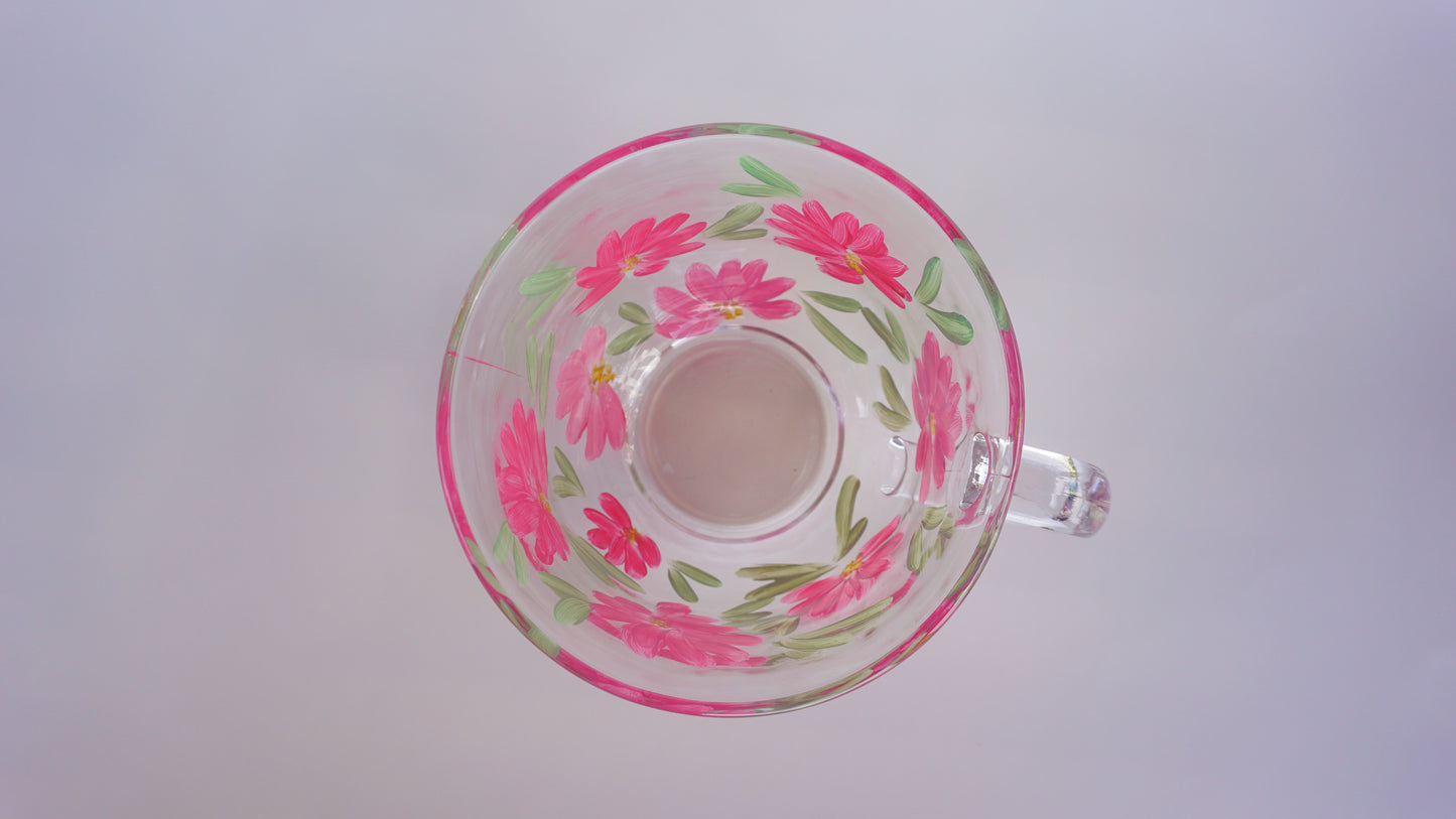 Hand Painted Glass Mug - Delicate Pink Flowers
