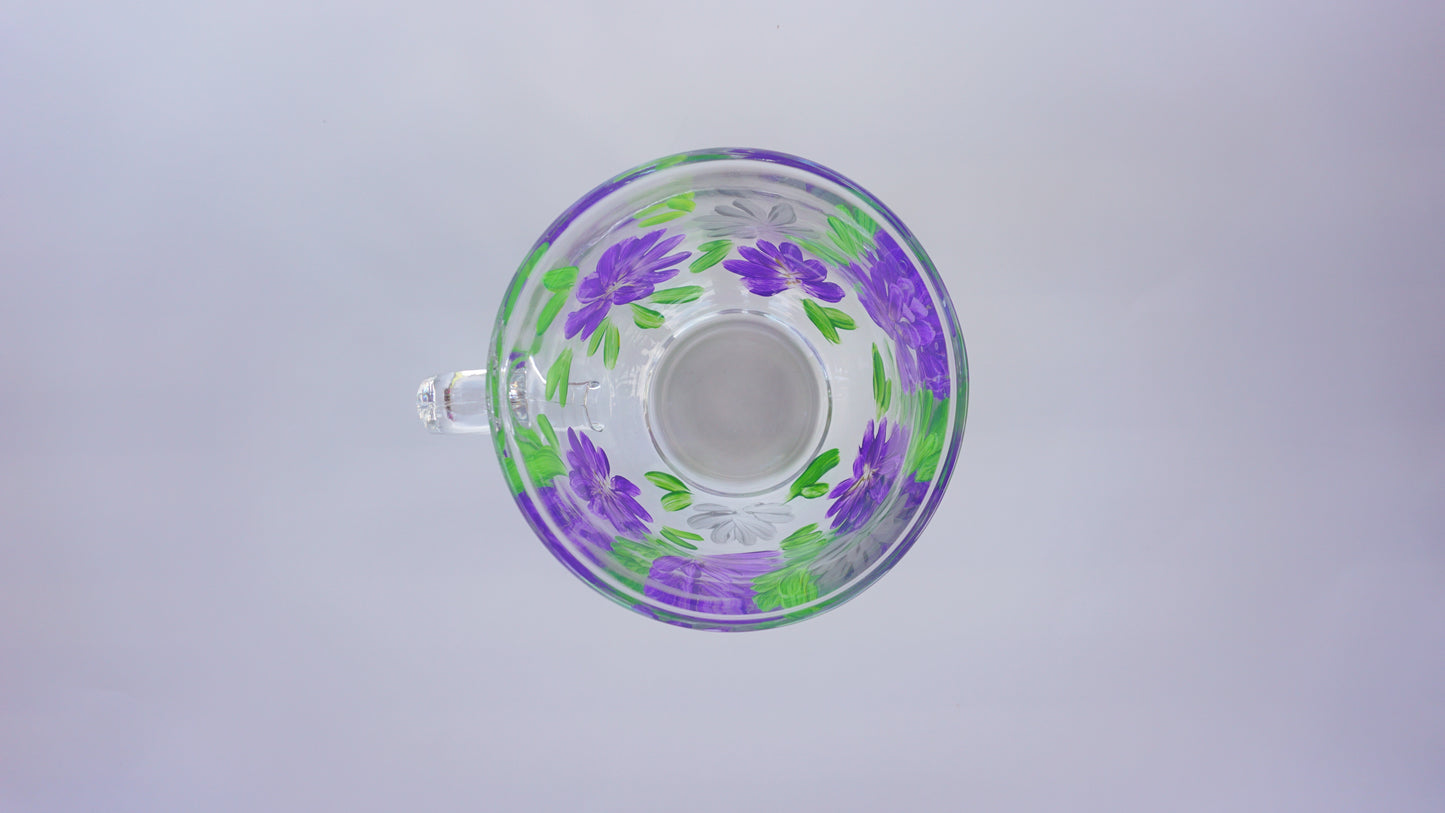 Hand Painted Glass Mug - Purple + Silver Flowers