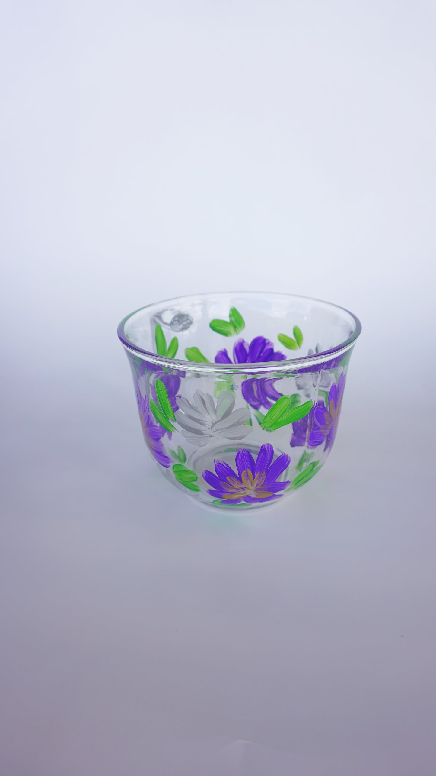 Hand Painted Glass Mug - Purple + Silver Flowers