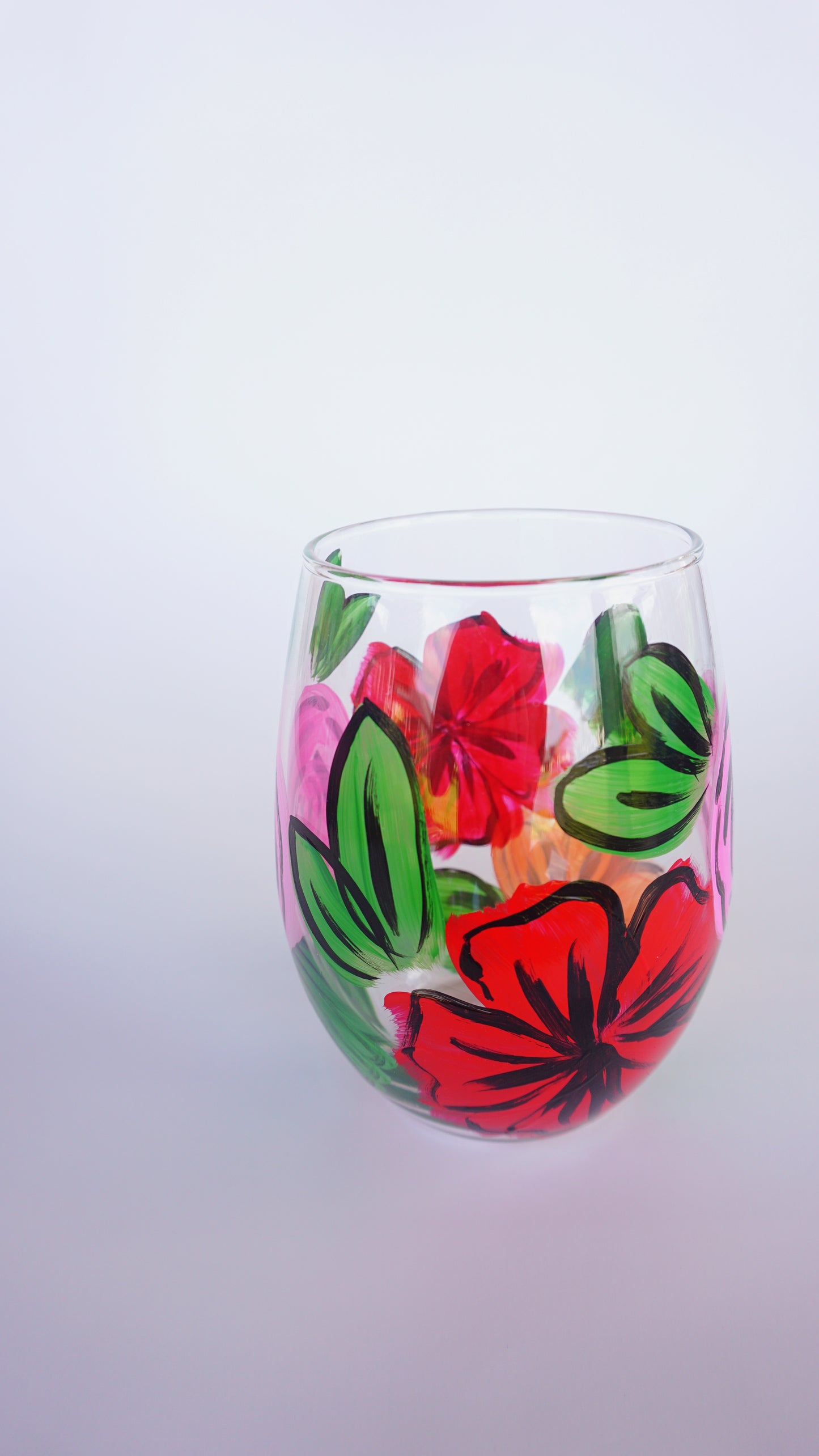 Hand Painted Stemless Wine Glass - "Desi's Bouquet"