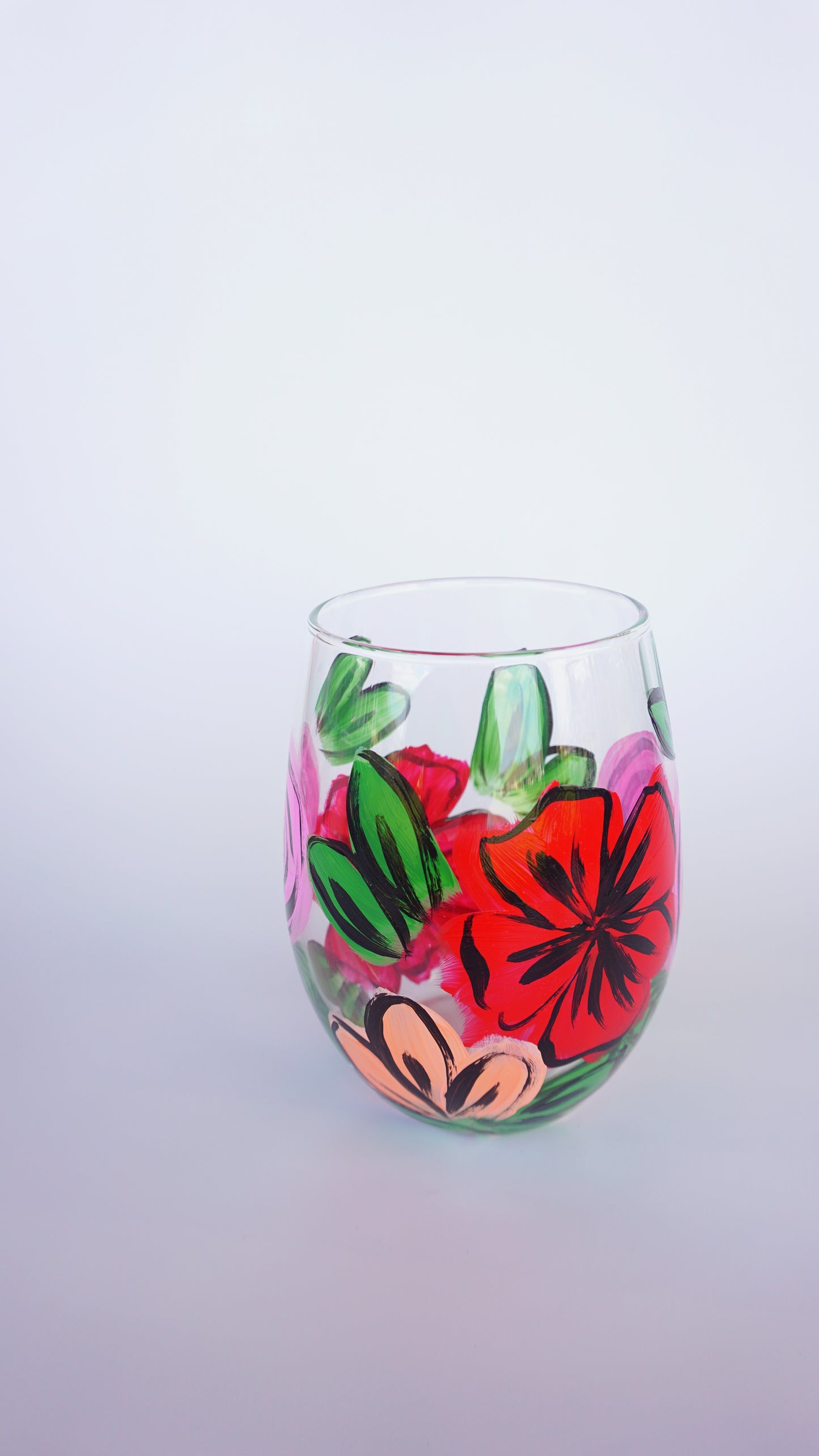 Hand Painted Stemless Wine Glass - "Desi's Bouquet"