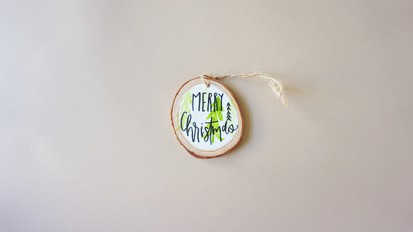 Merry Christmas - Green Trees - Round Wood Christmas Ornament