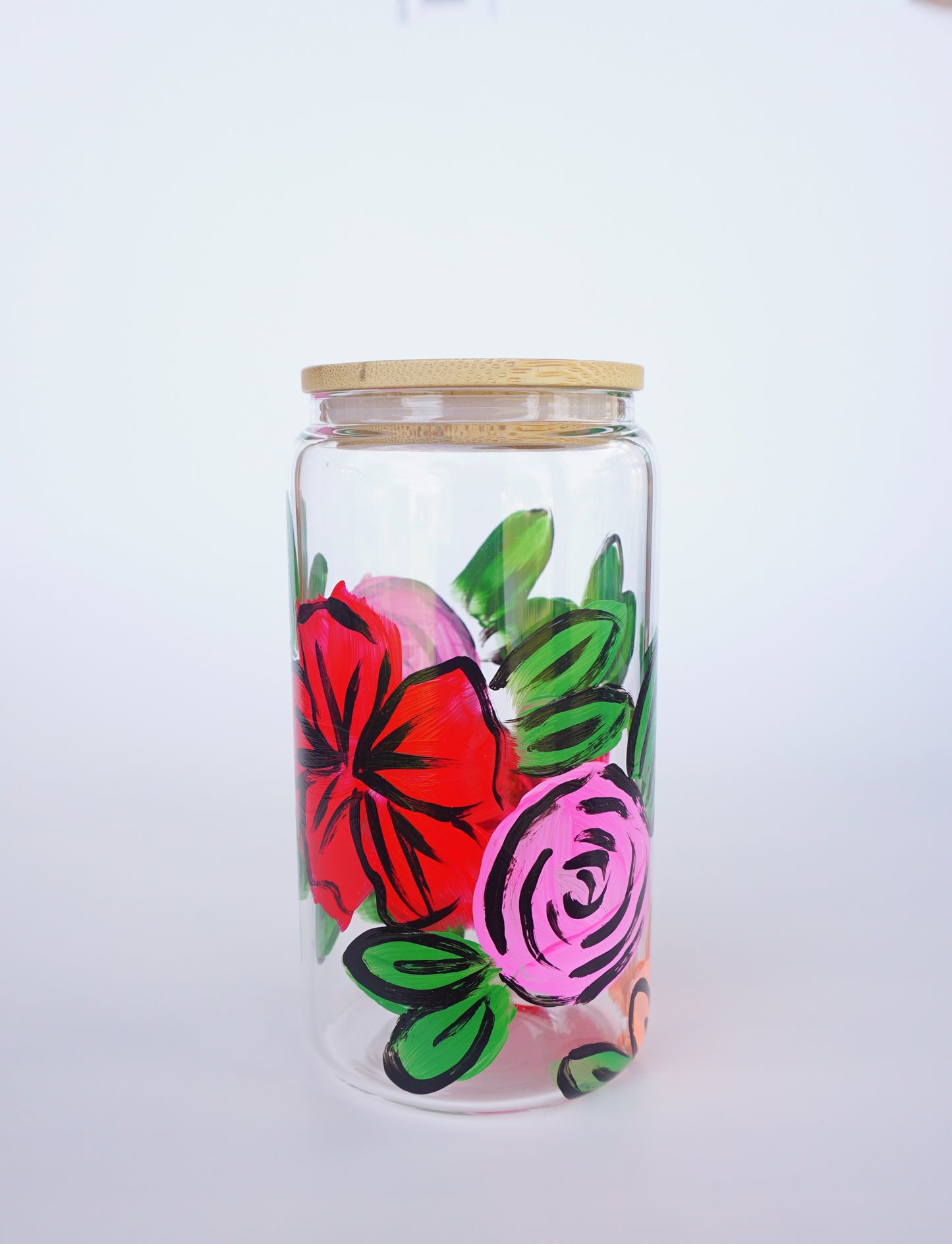 Hand Painted Glass Cup with Bamboo Lid and Glass Straw - "Desi's Bouquet"