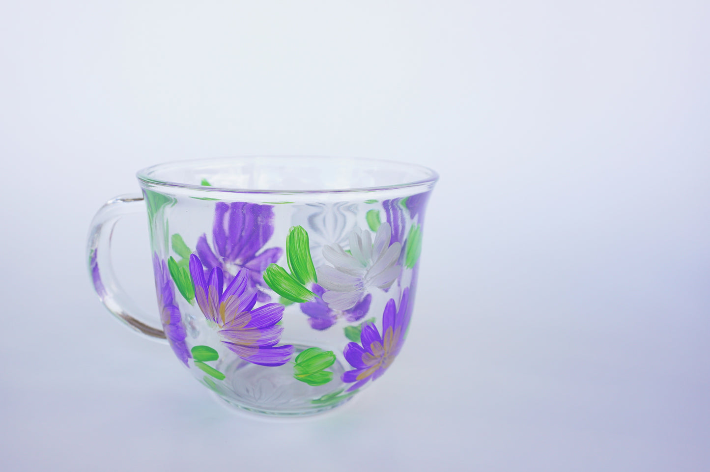 Hand Painted Glass Mug - Purple + Silver Flowers