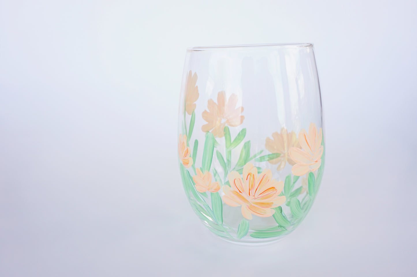 Hand Painted Stemless Wine Glass - Peach Small Flowers