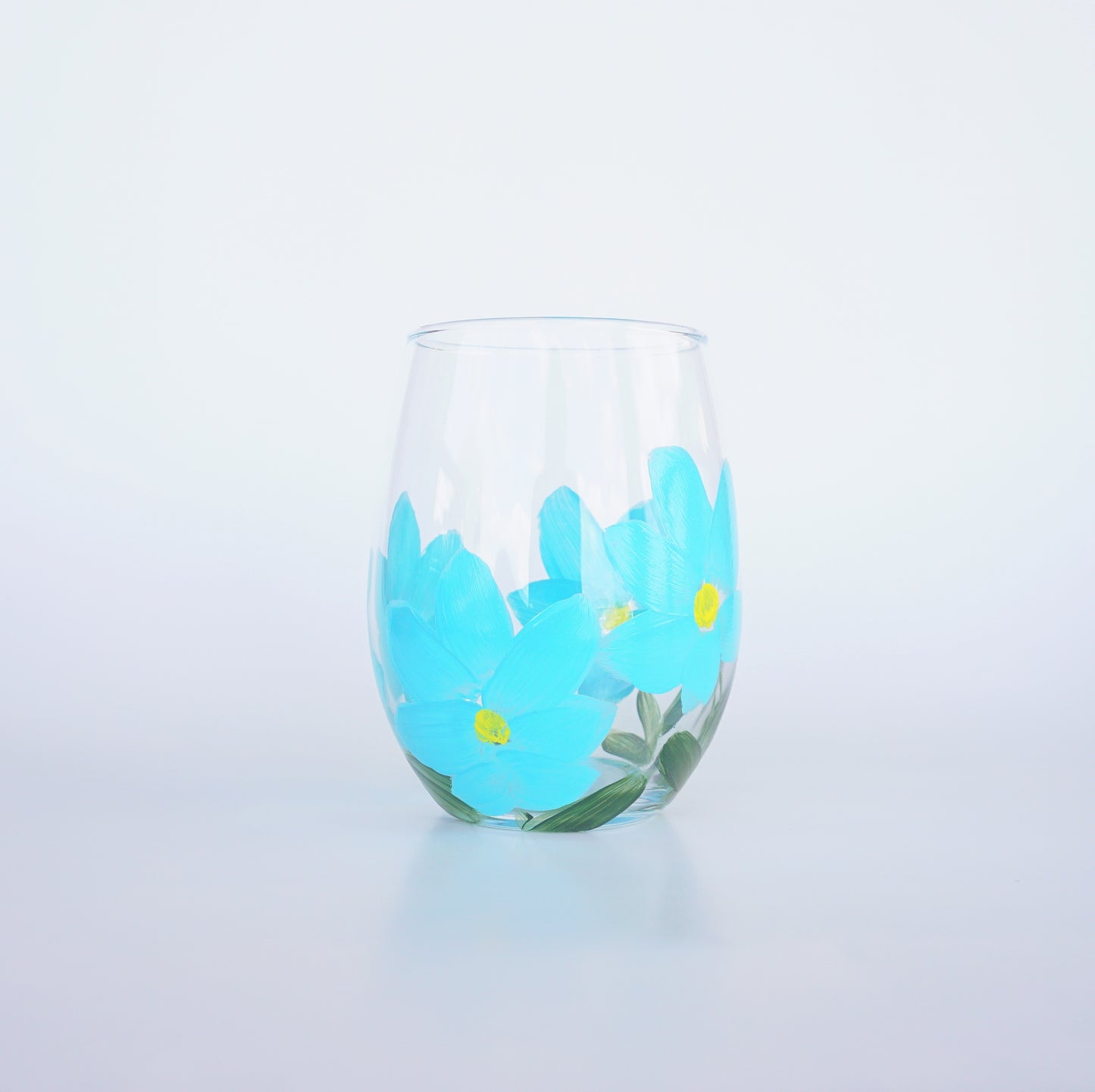 Hand Painted Stemless Wine Glass - Blue Flower