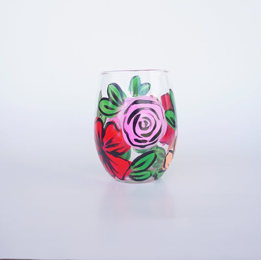 Hand Painted Stemless Wine Glass - "Desi's Bouquet"