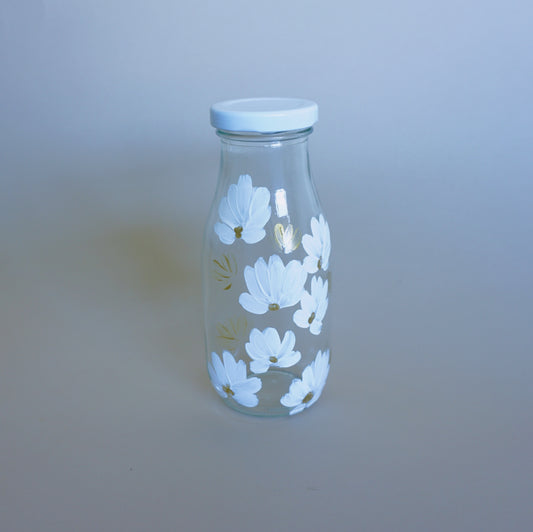 Hand Painted Glass Milk Bottle - White and Gold Flowers