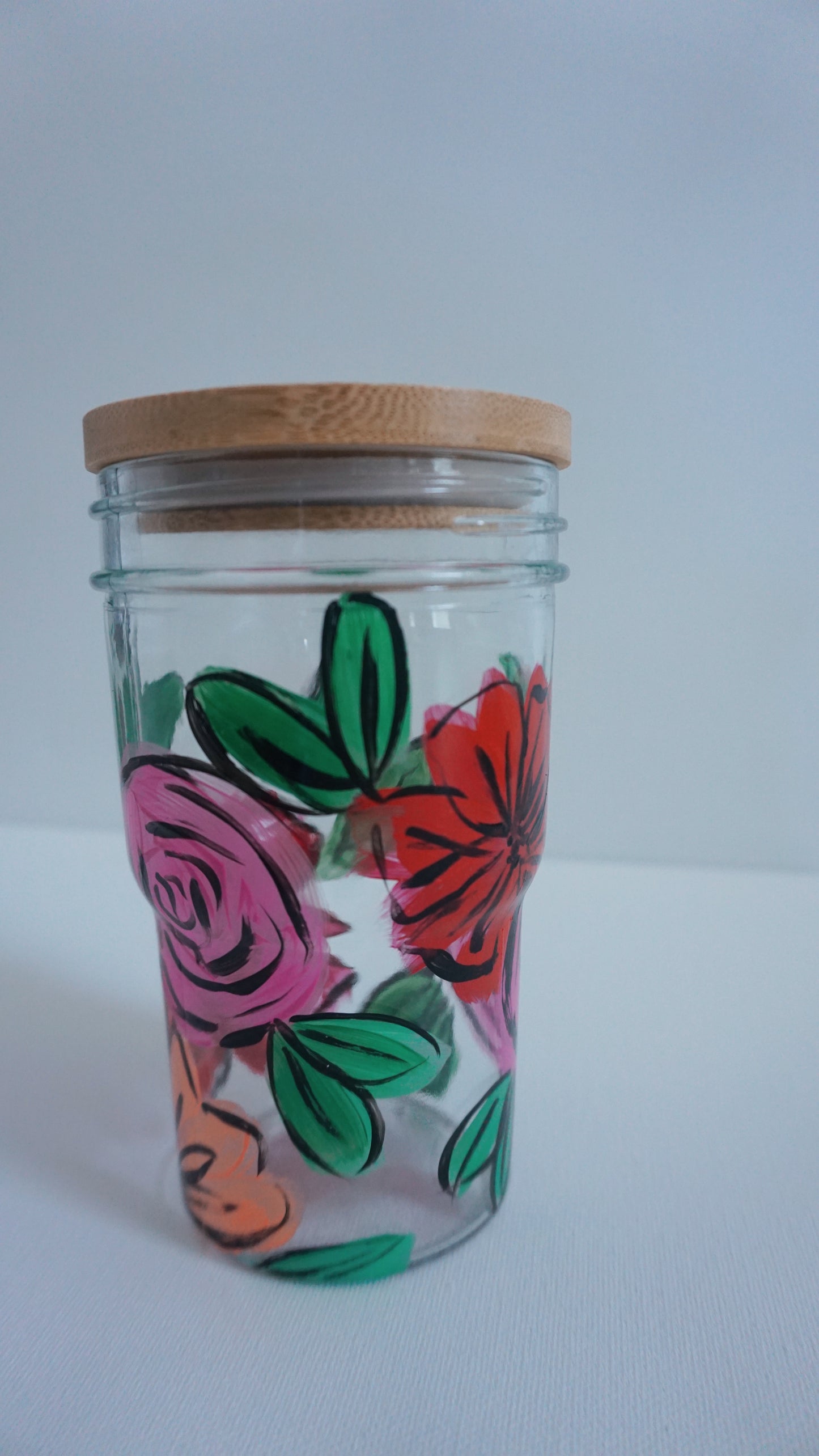 Hand Painted Glass Tumbler with Bamboo Lid and Glass Straw - “Desi’s Bouquet”