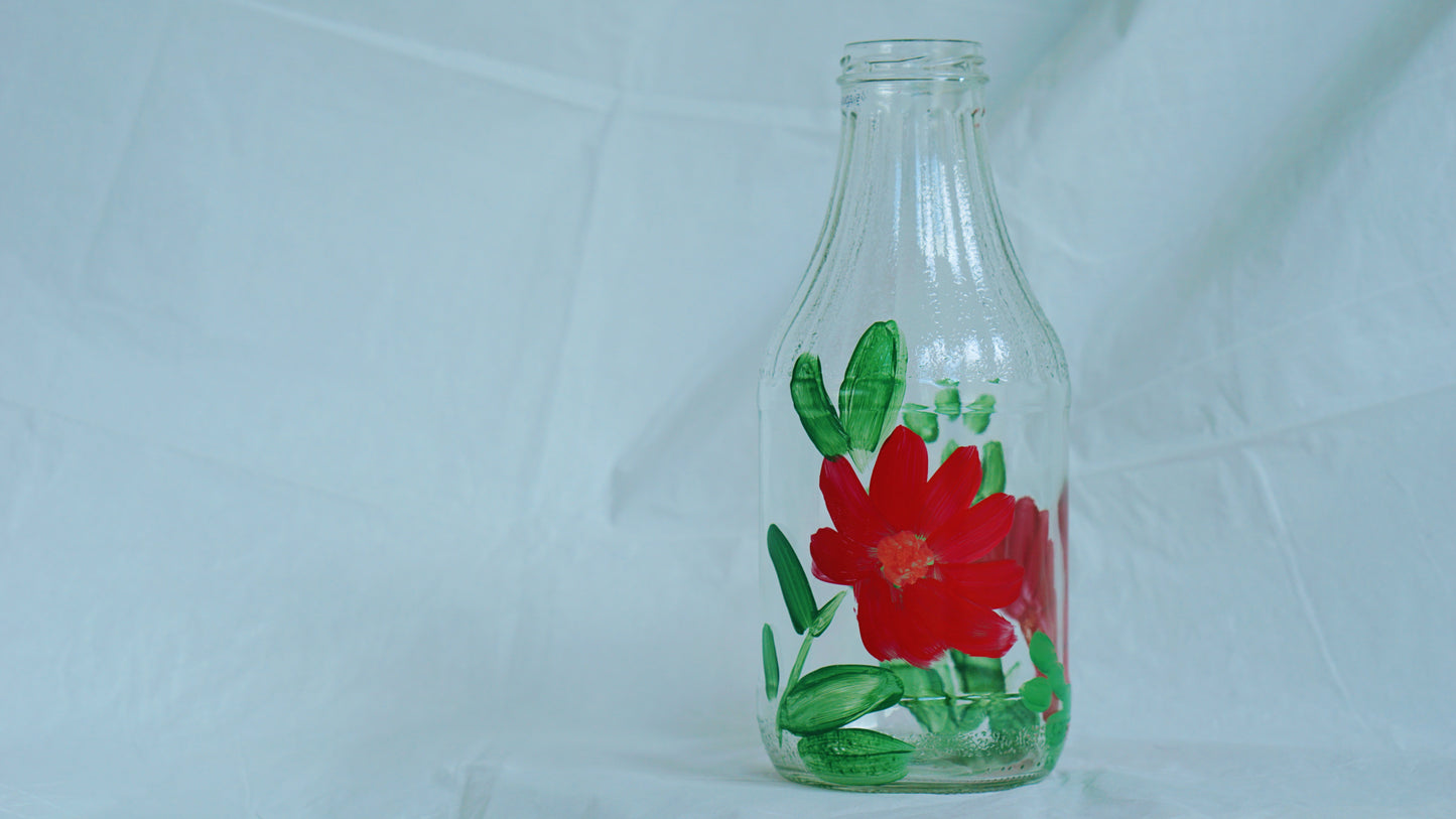 Hand Painted Glass Bottle - Large - Red Flower