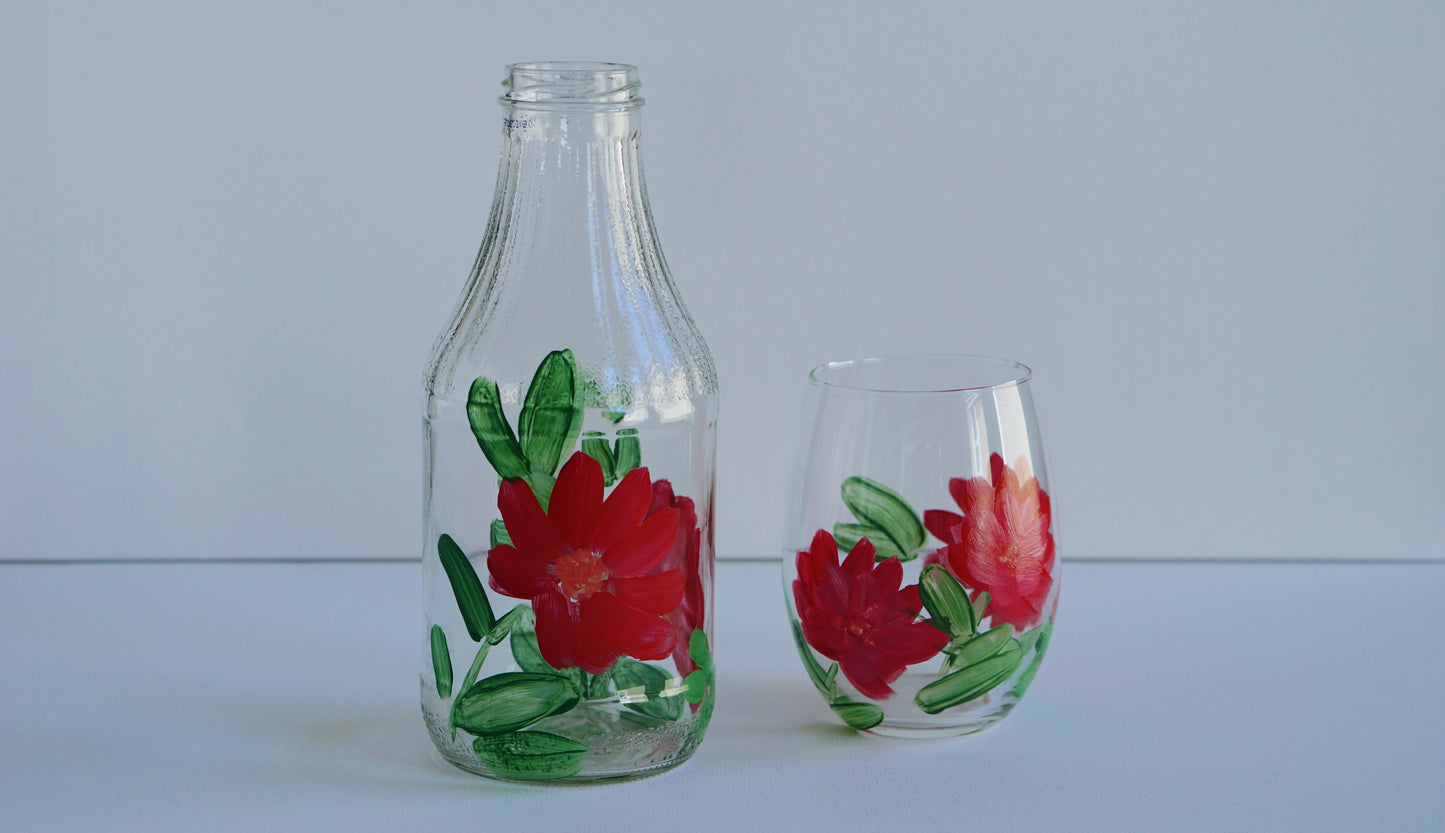 Hand Painted Glass Bottle - Large - Red Flower