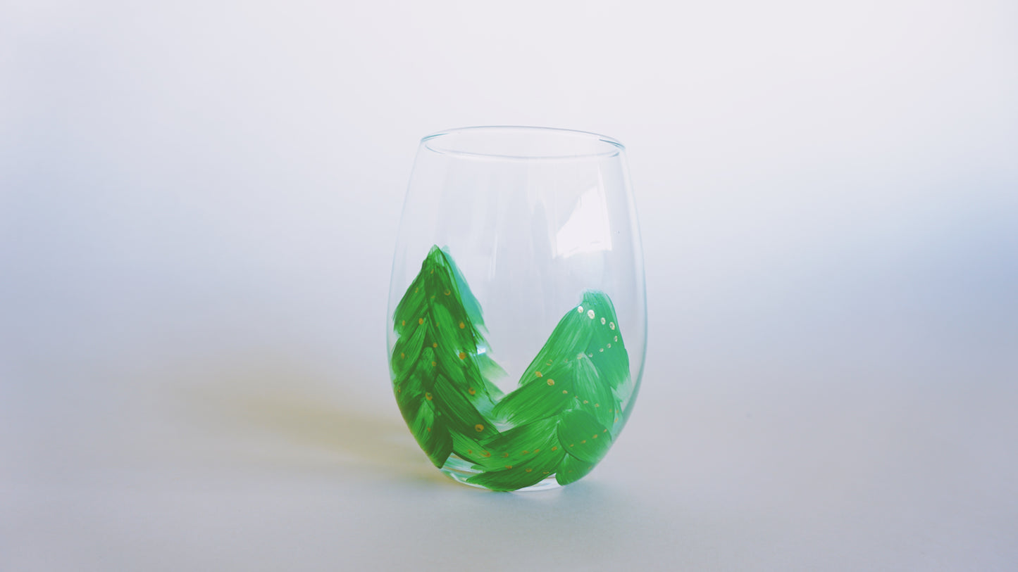 Hand Painted Stemless Wine Glass - Oh Christmas Tree