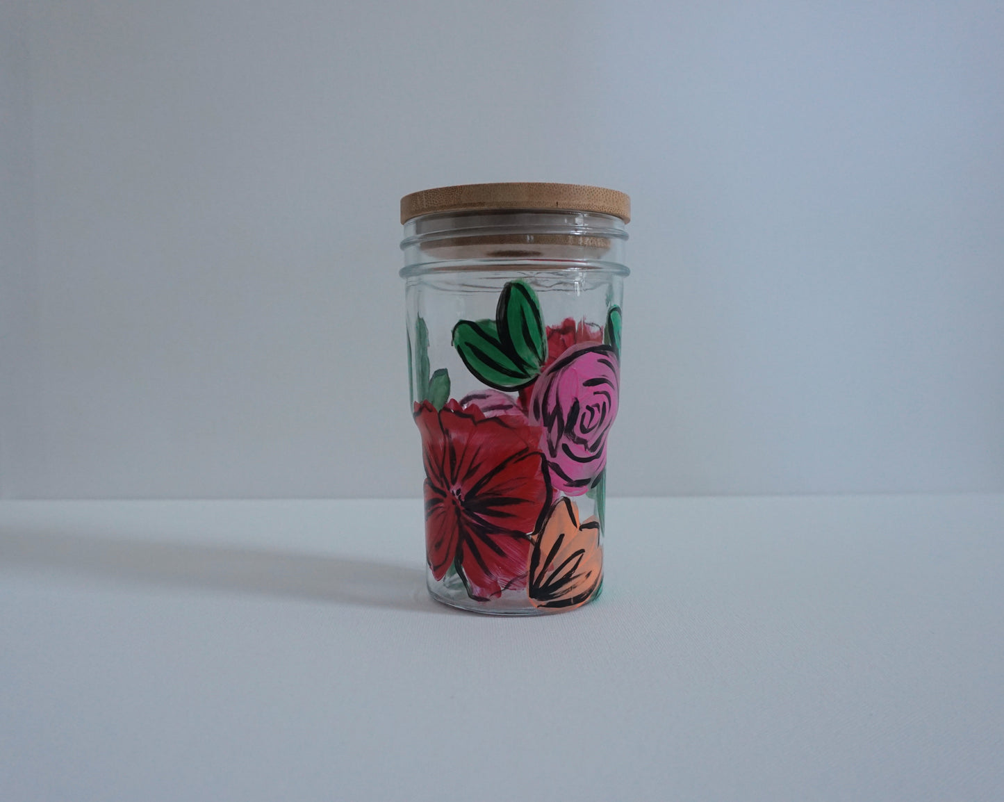 Hand Painted Glass Tumbler with Bamboo Lid and Glass Straw - “Desi’s Bouquet”