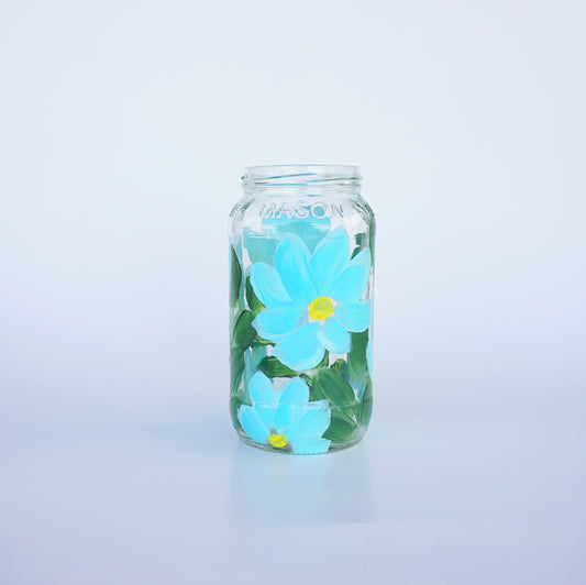 Hand Painted 20 oz Mason Jar - Blue Flowers