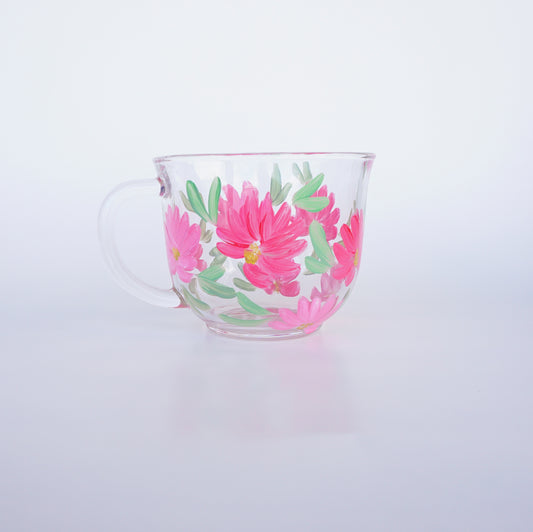 Hand Painted Glass Mug - Delicate Pink Flowers