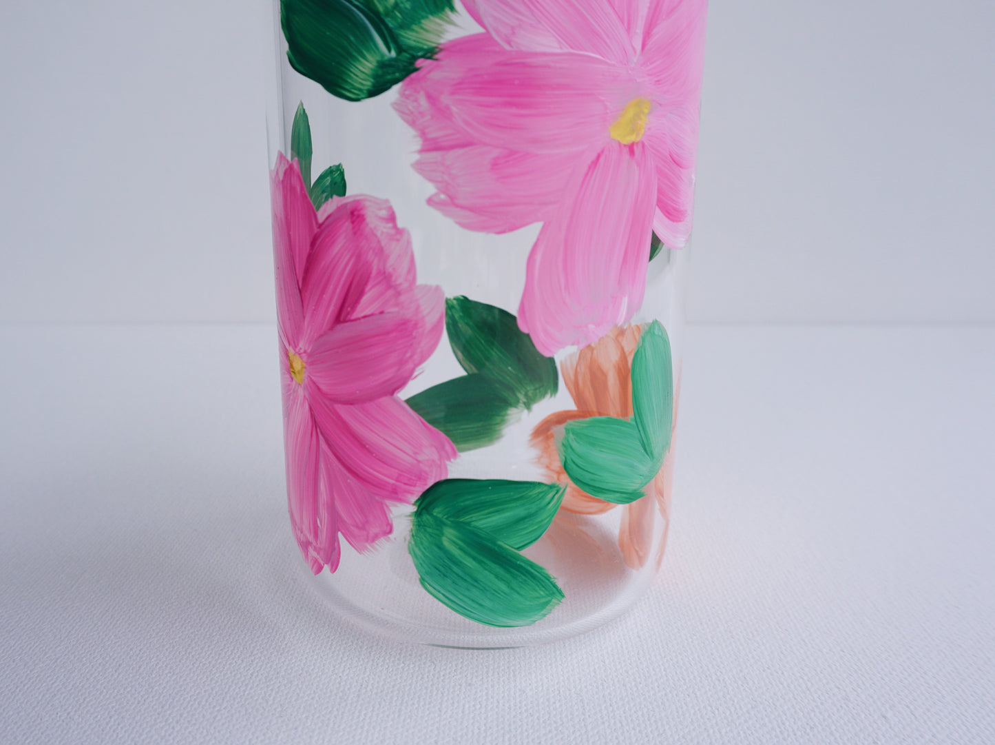 Hand Painted Glass Cup with Bamboo Lid and Glass Straw - Sunset Orange Flowers