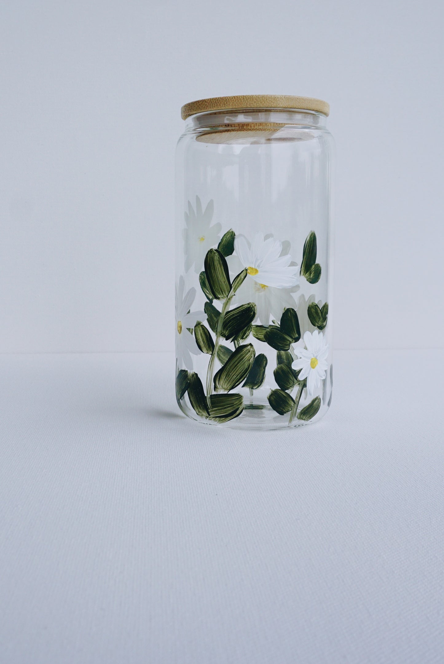 Hand Painted Glass Cup with Bamboo Lid and Glass Straw - White Margarita Flower