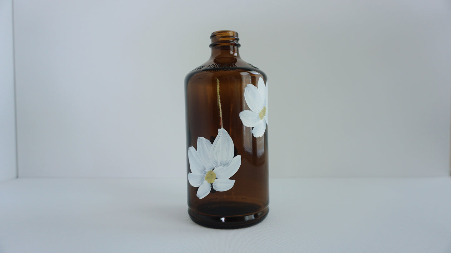 Hand Painted Glass Bottle - Transparent Brown - White Flower