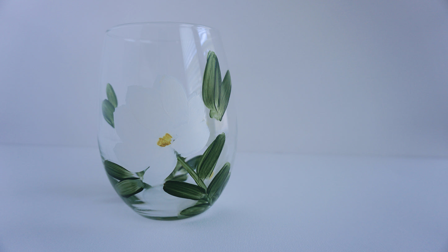 Hand Painted Stemless Wine Glass - White Flower