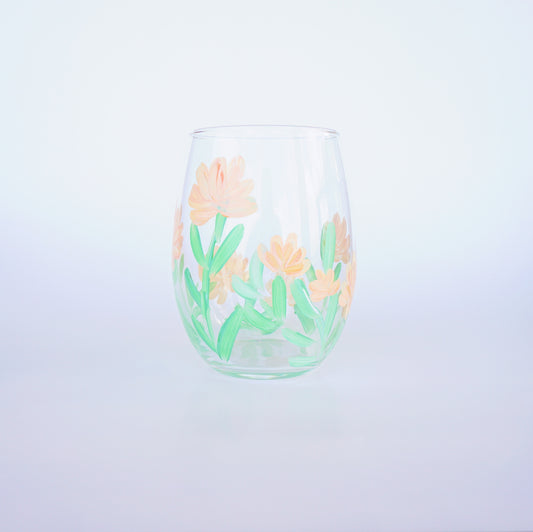 Hand Painted Stemless Wine Glass - Peach Small Flowers