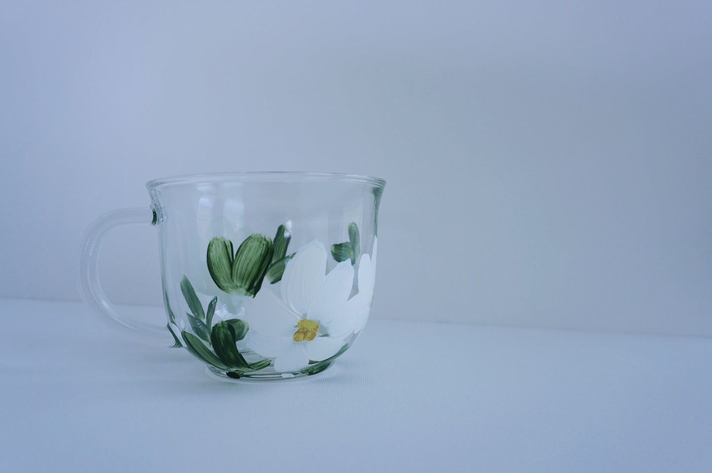 Hand Painted Glass Mug - White Flower