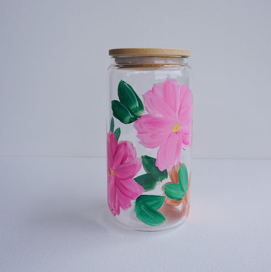 Hand Painted Glass Cup with Bamboo Lid and Glass Straw - Sunset Orange Flowers