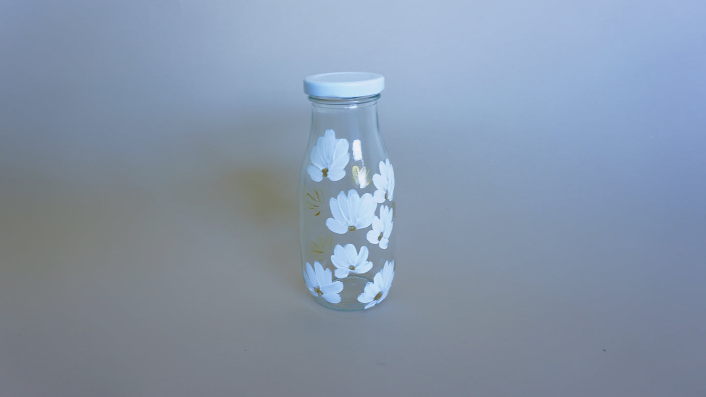 Hand Painted Glass Milk Bottle - White and Gold Flowers