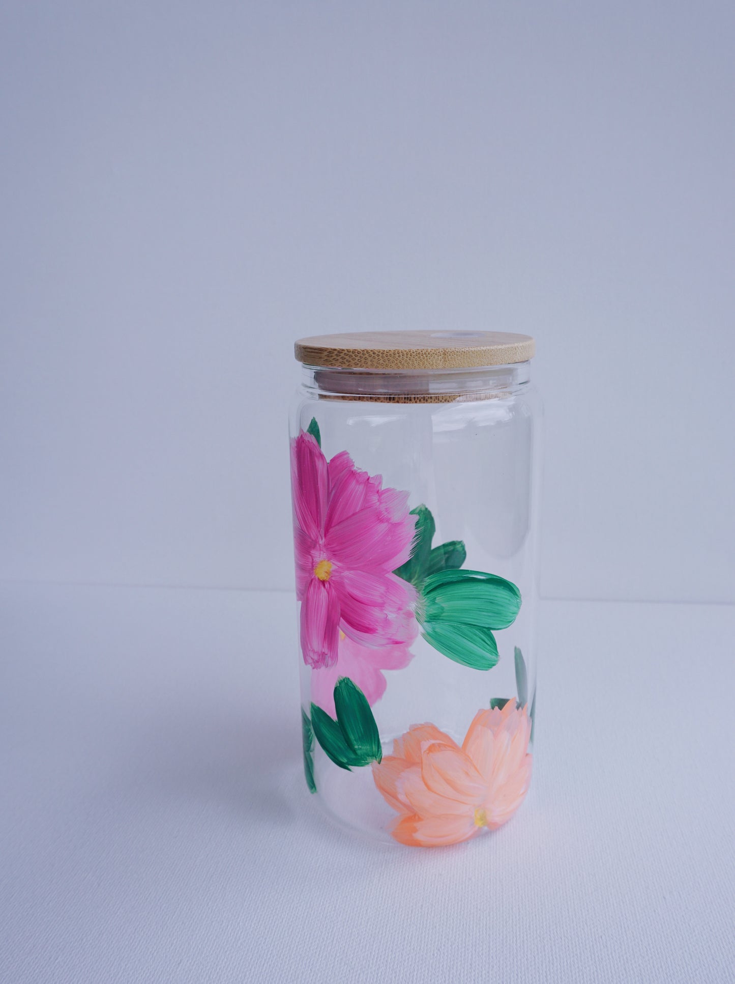 Hand Painted Glass Cup with Bamboo Lid and Glass Straw - Sunset Orange Flowers