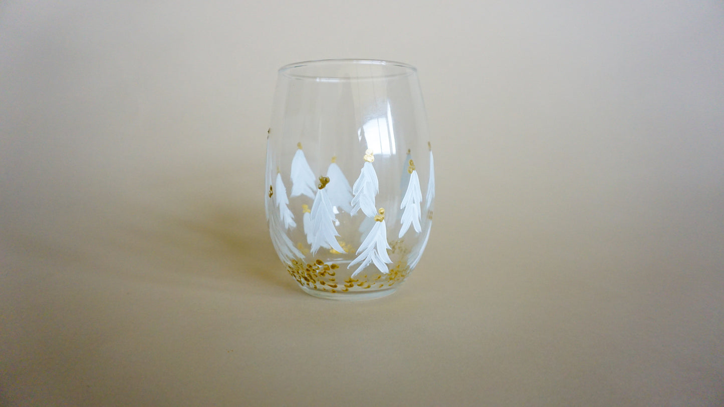 Hand Painted Stemless Wine Glass - White Christmas Trees