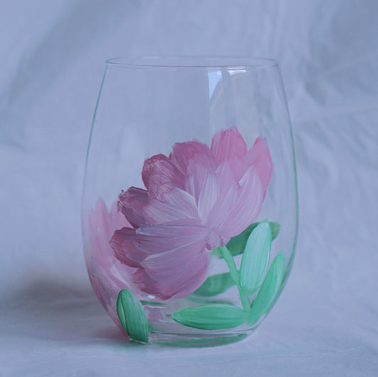 Hand Painted Stemless Wine Glass - Purple Flower