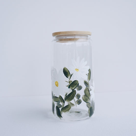 Hand Painted Glass Cup with Bamboo Lid and Glass Straw - White Margarita Flower