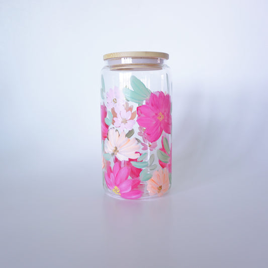 Hand Painted Glass Cup with Bamboo Lid and Glass Straw - Blooming Pink and Peach