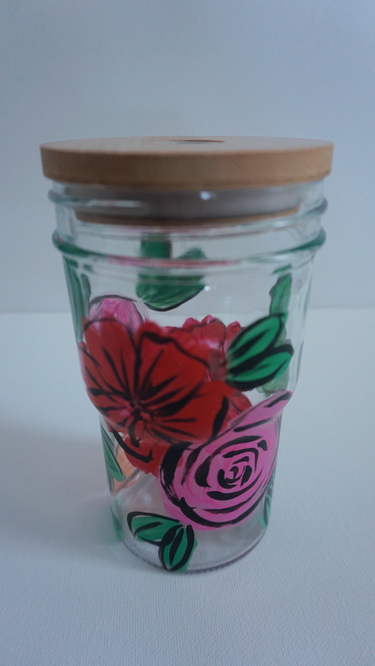 Hand Painted Glass Tumbler with Bamboo Lid and Glass Straw - “Desi’s Bouquet”