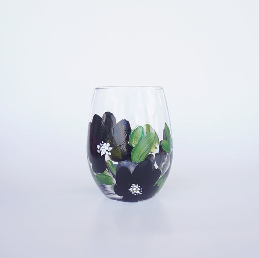 Hand Painted Stemless Wine Glass - Black Flower